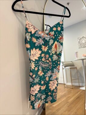 Floral Teal Slip Mini Dress with Spaghetti Straps